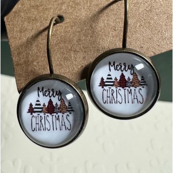 ❄️ Sale! NEW Merry Christmas Holiday Leverback Antique Bronze & Glass Earrings - Picture 8 of 8
